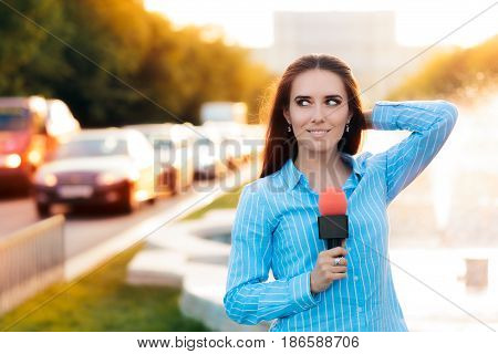 Female News Reporter on Field in Traffic