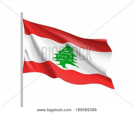 Waving flag of Lebanese Republic. Illustration of Asian country flag on flagpole. Vector 3d icon isolated on white background