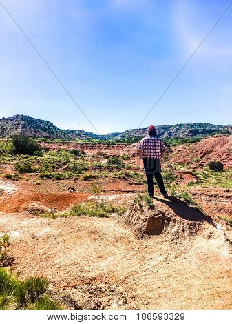 rear view of man in a canyon thinking