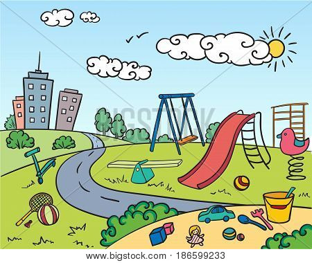 Colored children playground bright concept with attractions game equipment toys sandbox buildings in hand drawn style vector illustration