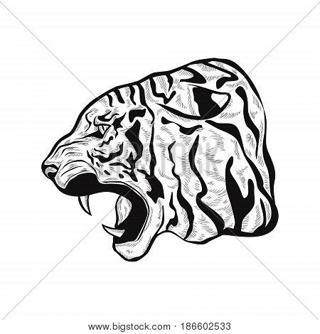 hand drawn stylized Tiger head anger. Black tattoo. Vector illustration of a tiger head. outline illustration.