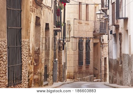 Picturesque street in Teruel. Mora de Rubielos. Spain heritage tourism. Horizontal
