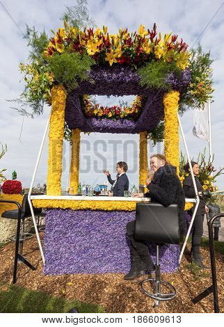 NOORDWIJK NETHERLANDS - 22 APRIL 2017: Platform with tulips and hyacinths during the traditional flowers parade Bloemencorso from Noordwijk to Haarlem in the Netherlands.