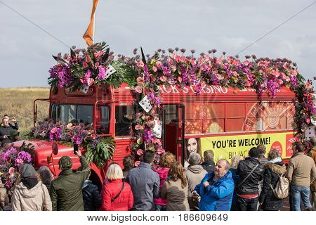 NOORDWIJK NETHERLANDS - 22 APRIL 2017: Platform with tulips and hyacinths during the traditional flowers parade Bloemencorso from Noordwijk to Haarlem in the Netherlands.