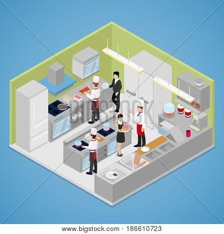 Restaurant Kitchen Interior. Chef Cooking Food. Isometric vector flat 3d illustration