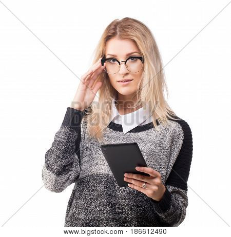 Cute modest young business woman with a tablet new working style concept isolated on white.