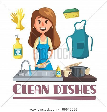 Woman washing dishes by hand in sink cartoon poster. Young housewife in apron and household gloves cleaning dishes, pot and cup with dish soap and sponge for household chores concept design