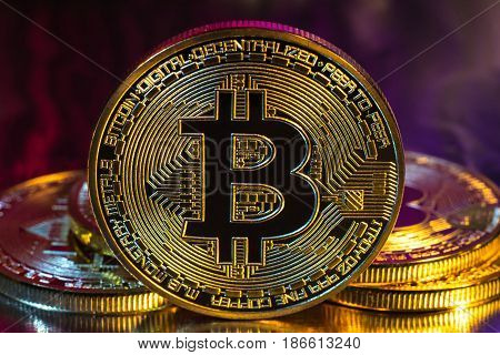 Photo of cryptocurrency physical golden bitcoin coin on colorful background
