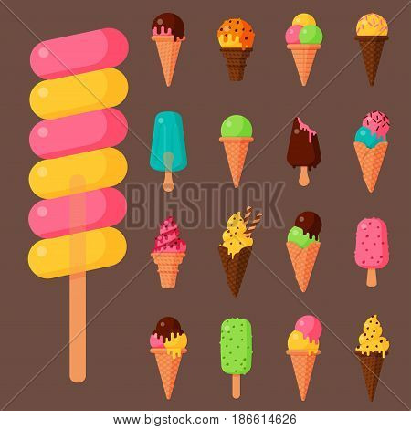 Sweet cartoon cold ice cream set and tasty frozen icecream collection vector delicious colorful desserts. Chocolate and milk party wafer dairy product sugar scoop vanilla tasty fruit topping.