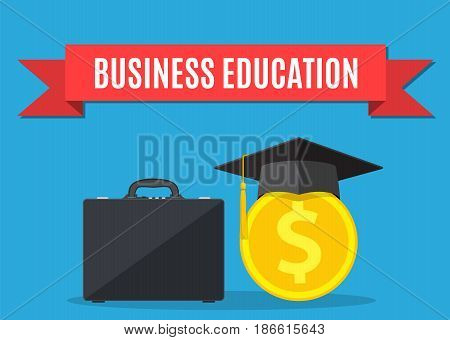business briefcase, graduation cap, gold coins . business graduation concept. illustration in flat style