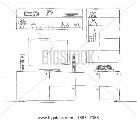 Hand drawn sketch. Linear sketch of the interior. Bookcase dresser with TV and shelves. Vector illustration