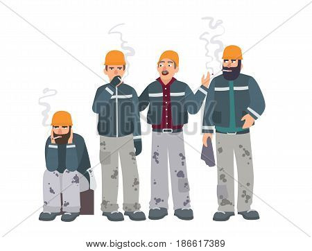 Smoking place. Builders on smoke break. Mans in a working form with cigarettes. Vector illustration in flat style
