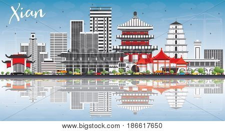Xian Skyline with Gray Buildings, Blue Sky and Reflections. Business Travel and Tourism Concept with Historic Architecture. Image for Presentation Banner Placard and Web Site.
