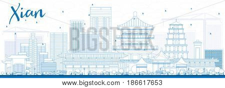 Outline Xian Skyline with Blue Buildings. Business Travel and Tourism Concept with Historic Architecture. Image for Presentation Banner Placard and Web Site.