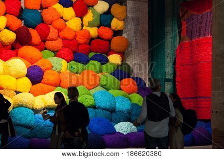 VENICE ITALY - MAY 10: Installation view of work by Sheila Hicks's Escalade Beyond Chromatic Lands at the 57th Venice Biennale on May 10 2017