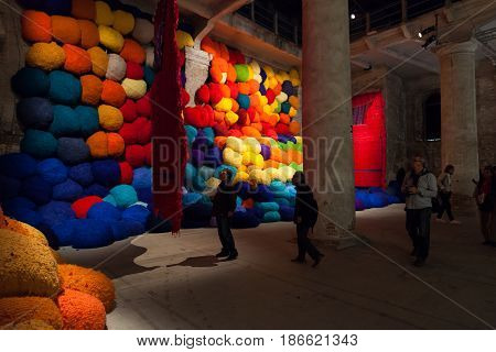 VENICE ITALY - MAY 10: Installation view of work by Sheila Hicks's Escalade Beyond Chromatic Lands at the 57th Venice Biennale on May 10 2017