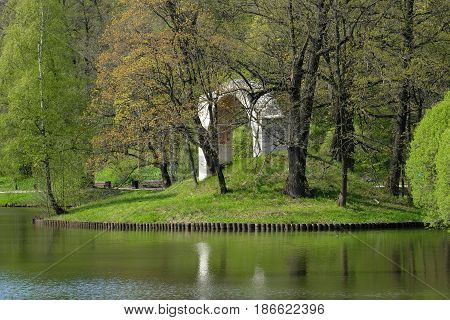 An ancient arch on an island in Tsaritsyno park - sideview - Moscow, Russia