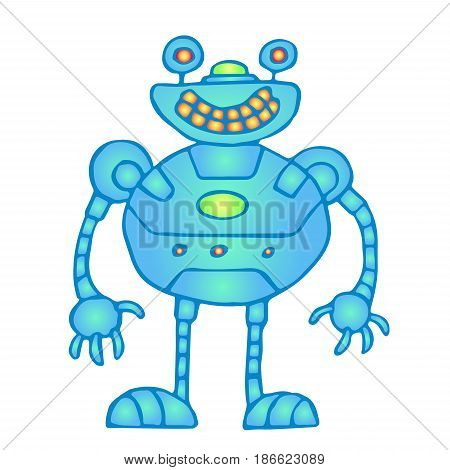 Cheerful globular blue robot vector illustration. Original cartoon retro character.