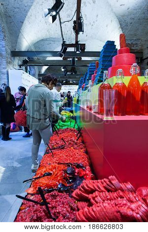 VENICE ITALY - MAY 10: "Edible Performance" by Antoni Miralda Joan Rabascall Dorothée Selz Jaume Xifra at the preview of the 57th International Art Exhibition. Corderie dell'Arsenale on May 10 2017