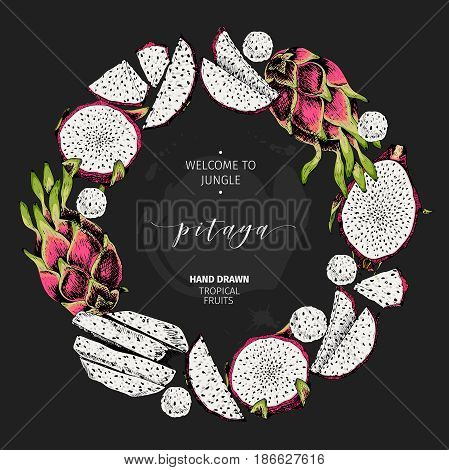 hand drawn smoothie bowls poster. Exotic colored engraved fruits. Round wreath border composition. Piataya whole half slices and balls. Use for exotic restaurant food partty