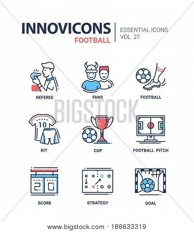 Football - modern color vector single line icons set. Referee, fan, ball, foot, kit, shirt, shorts, uniform, number, ten, trophy, monitor, game, plan, play, score, strategy, goal
