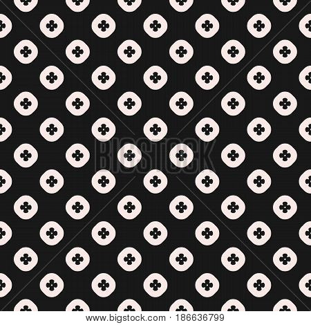 Vector seamless pattern, geometric floral texture. Simple geometrical flowers in circles. Modern dark abstract background, repeat tiles, small elements. Design for prints, textile, covers, digital, web