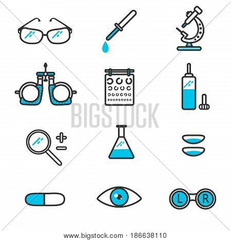Optometric icons in linear style.Vector illustration on the theme of oftalmologii.Tools ophthalmologist for the diagnosis, vision correction.