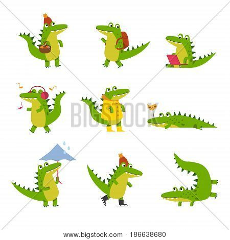 Cute cartoon crocodile in every day activities, colorful characters vector Illustrations isolated on a white background