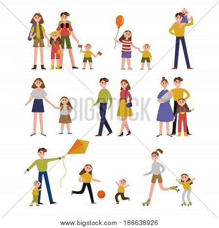 Family activity and leisure. Family set colorful characters with parents and children vector Illustrations isolated on a white background