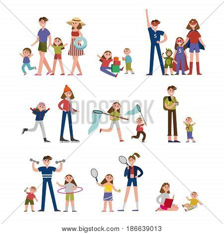 Happy moments in family life, activity and leisure. Family set colorful characters with parents and children vector Illustrations isolated on a white background