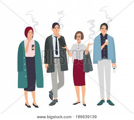 Smoking room. Different office people on smoke break. Man and woman with cigarettes. Vector illustration in flat style