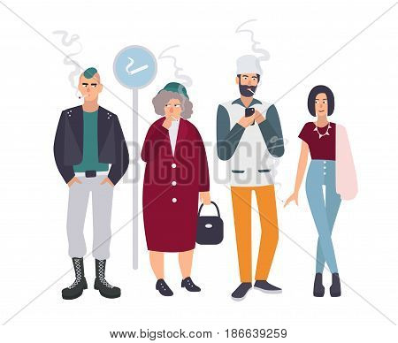 Smoking place. Different people on smoke break. Man and woman with cigarettes. Vector illustration in flat style