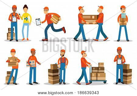 Delivery men characters. People shipping products vector Illustrations isolated on white background