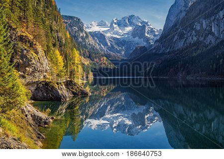 Autumn Scenery With Dachstein Mountain At Gosausee, Salzkammergut, Austria