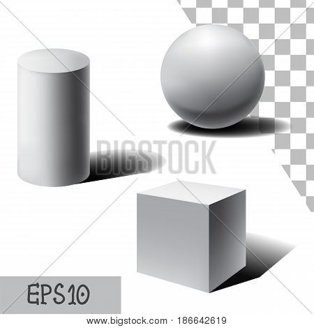 Vector white 3D sphere, cube and cylinder. Simple geometric form. Set of realistic white geometric figures with shadows. Vector illustration.