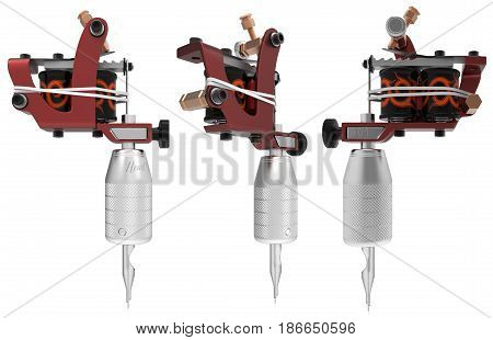 Red metallic tattoo machine with orange ornament set. 3D perspective illustration
