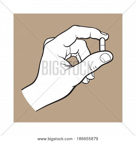 Hand holding two piece gelatin capsule by two fingers, side view black and white sketch style vector illustration on brown background. Drawing of hand holding pill, capsule, medicine by two fingers