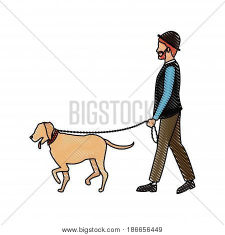 drawing bearded gentleman man walking with dog vector illustration