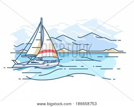 Sailing yacht in sea. Boat trip on ocean. Vector illustration