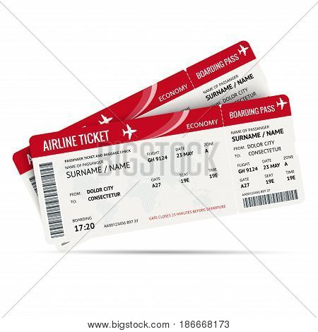 Airline ticket or boarding pass for traveling by plane isolated on white. Vector illustration