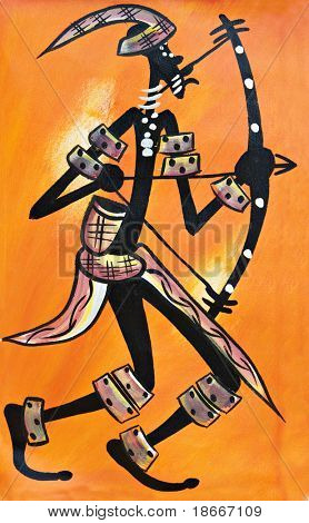 Pittura tradizionale africana che rappresenta un guerriero con un inchino