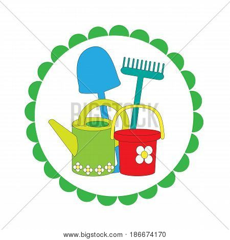 Logo on a white background with garden stock. A vector picture with a rake, a bucket, a shovel, a watering can. Spring and summer works in a garden.