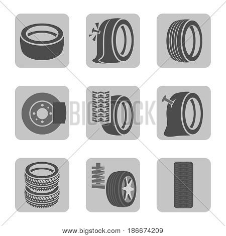 Beautiful vector illustration of tire shop images useful for icon and logotype design on a light background. Realistic graphic style. Transportation automotive concept. Digital pictogram collection