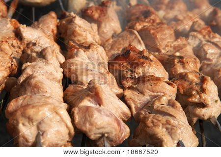 Shashlyk spiedini di carne su un barbecue Oftopica fino
