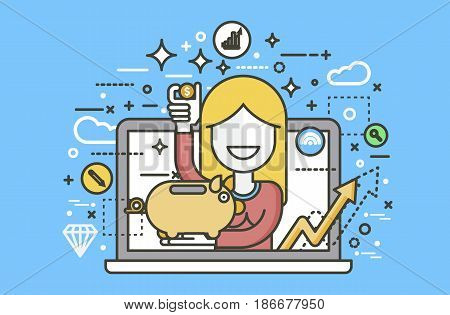 Stock vector illustration woman piggy bank in hands design element for financial education, banking, deposit saving discount online promotion marketing management line art style yellow background icon