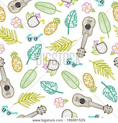 Cartoon style vacation objects. Vector hand drawn seamless pattern.