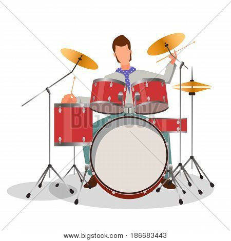 Vector illustration of man sitting and playing red colored drum set isolated on white.