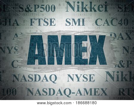 Stock market indexes concept: Painted blue text AMEX on Digital Data Paper background with   Tag Cloud
