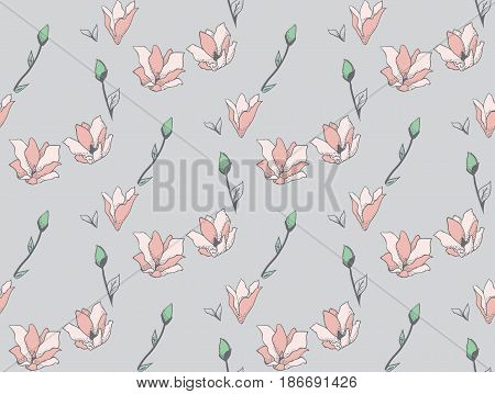Vector Colorful Decorative Seamless Backdround Pattern with Drawn Flowers, Blossom, Plants. Doodle Style Greenery, Lush Foliage, Foliate. Vector Illustration. Pattern Swatch
