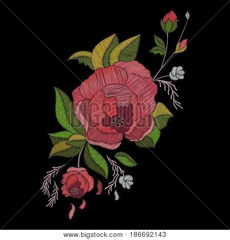 Vector embroidery design. Embroidered floral pattern with roses and burgeons. Traditional folk flowers for fashion. Botanical ornate background